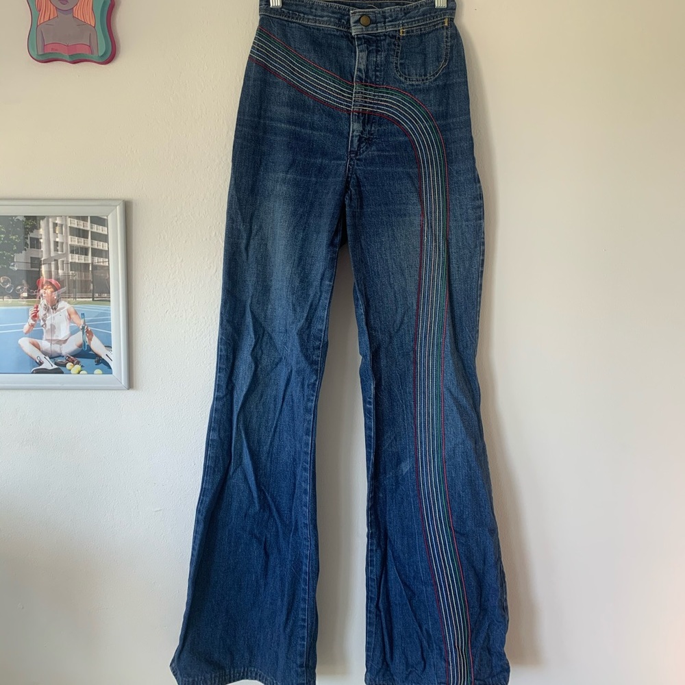 HIGH WAIST DENIM BELLBOTTOMS W RAINBOW EMBROIDERY